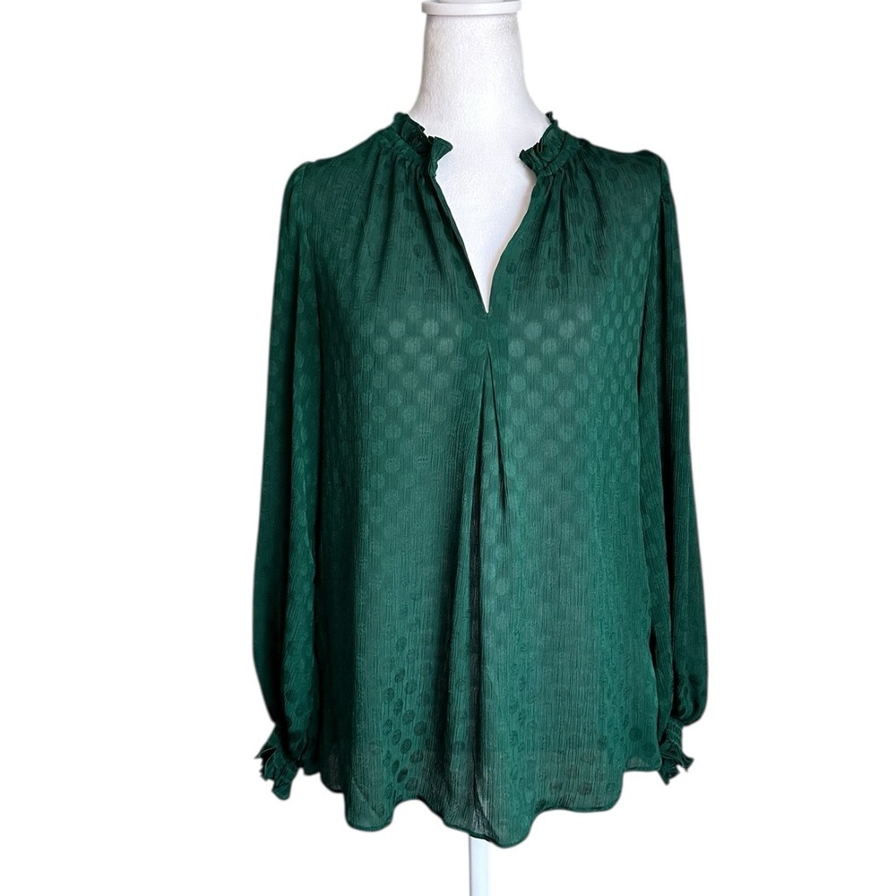 Max Studio Women's Green Long Sleeve Jacquard Shine Dot Blouse Size Small